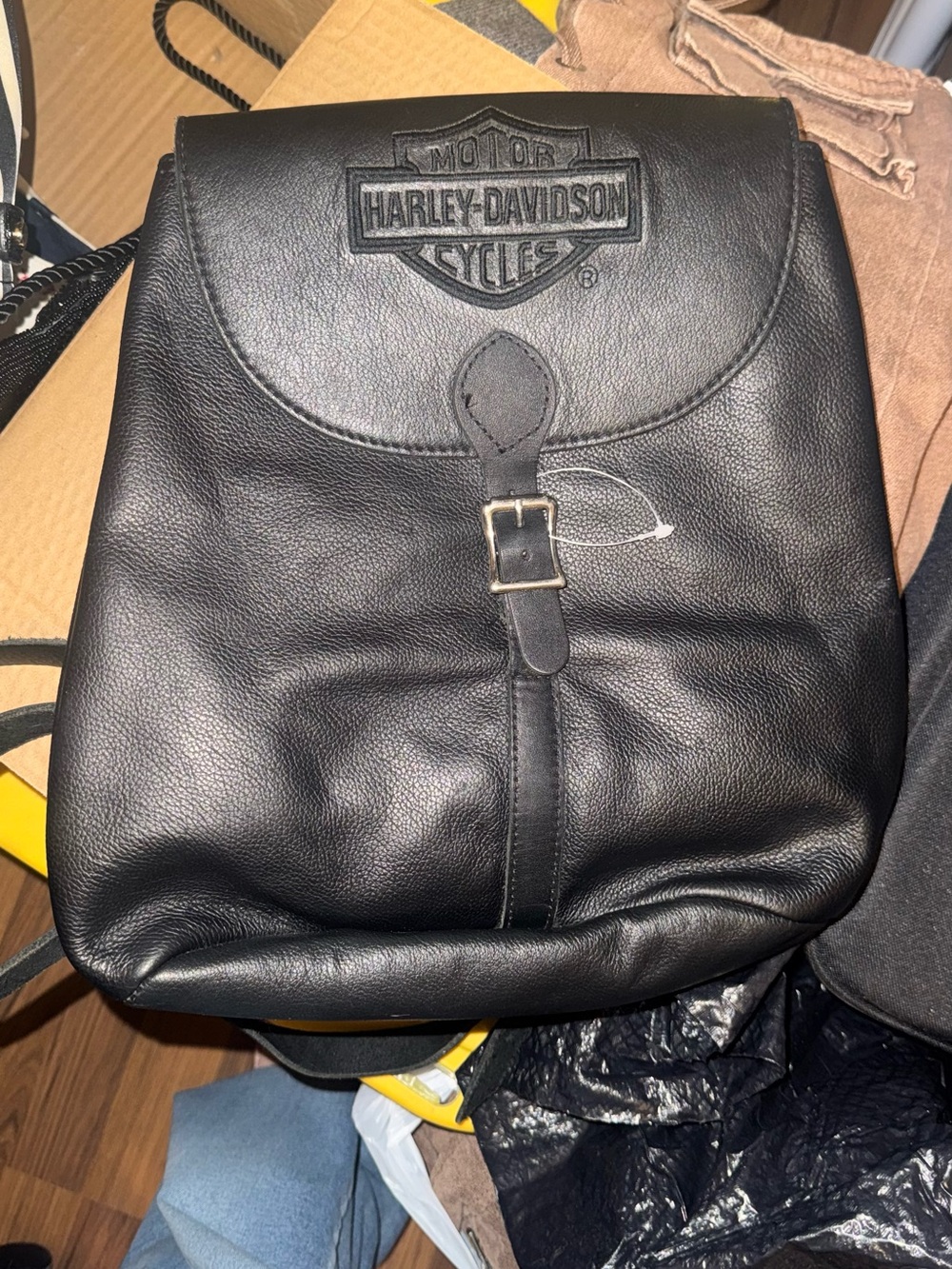 Harley-Davidson Black Leather Backpack with Embossed Shield